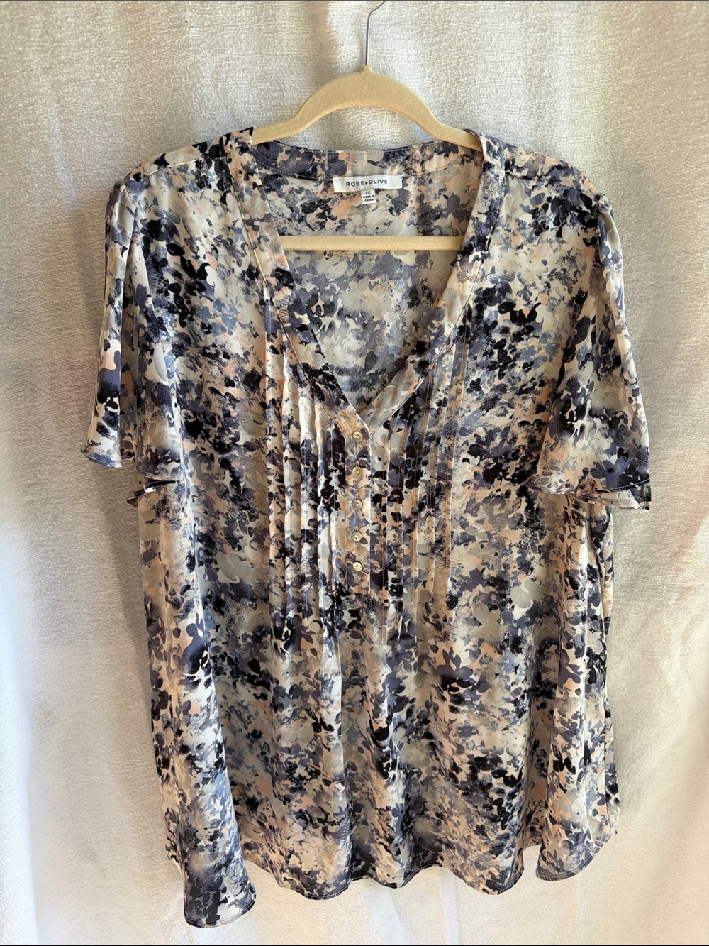 Rose & Olive Blue and Cream Floral Pintuck V-Neck Blouse